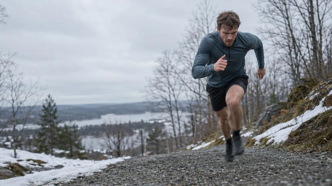 Löpare springer med full kraft uppför en grusbacke en mulen vårdag