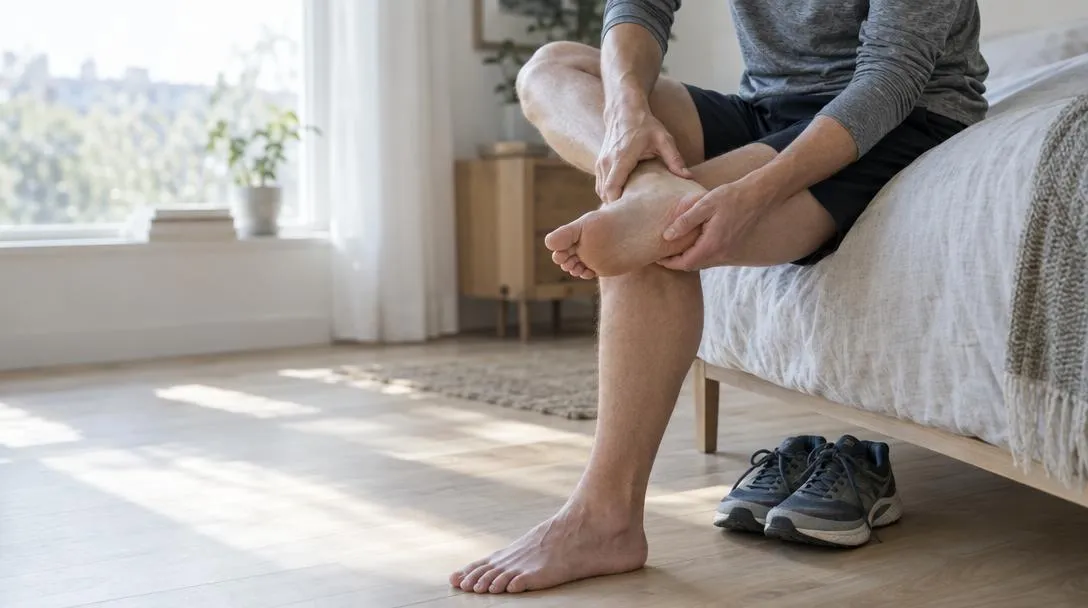 Person sitter på sängkanten på morgonen och masserar hälen och fotsulan med båda händerna
