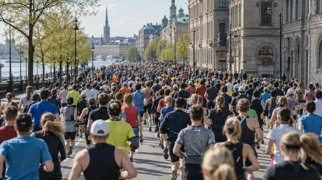 Hundratals löpare springer längs en stadsgata vid vattnet under ett maratonlopp