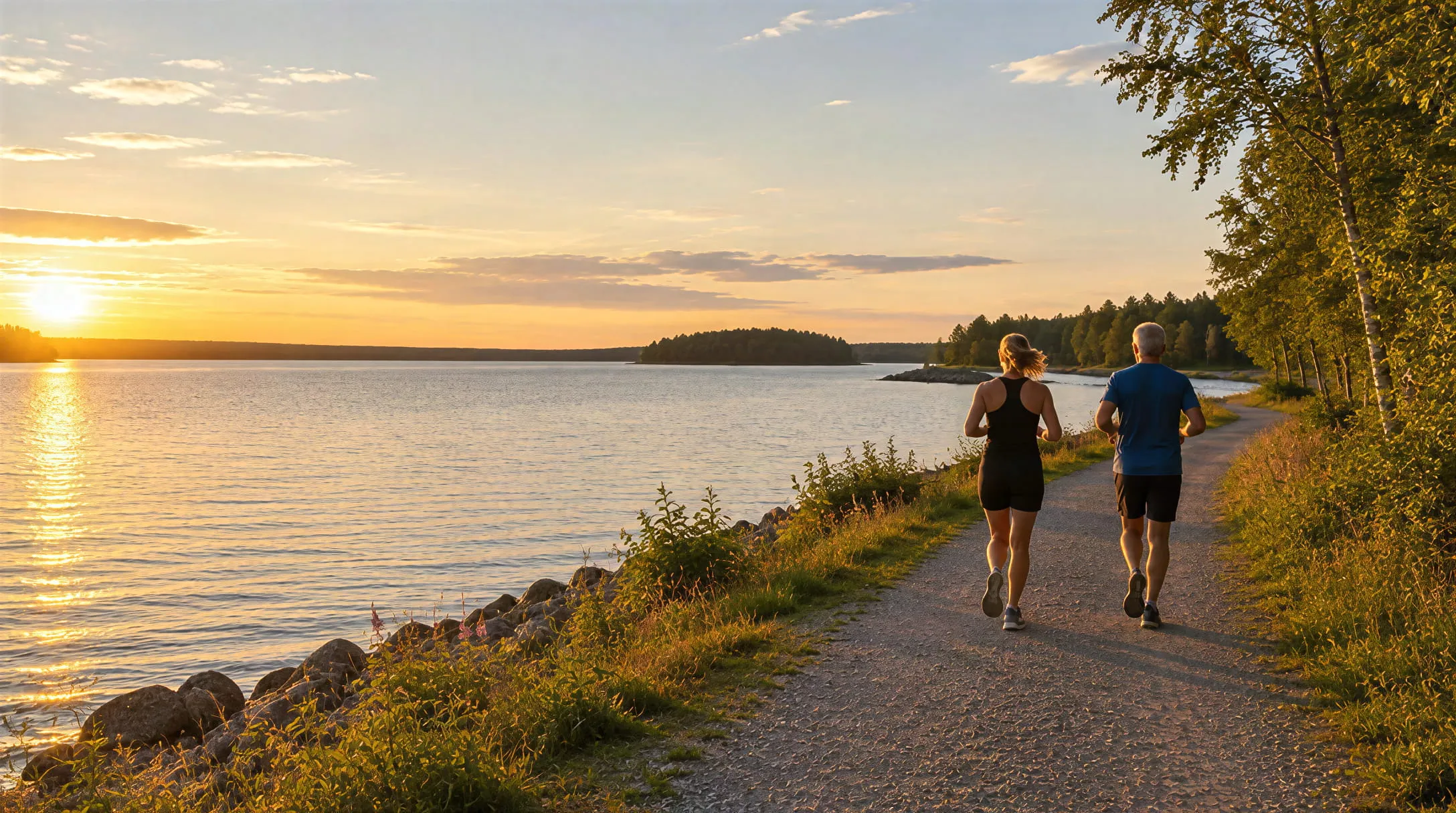 Två motionärer joggar på en grusväg längs en sjö en sommarkväll