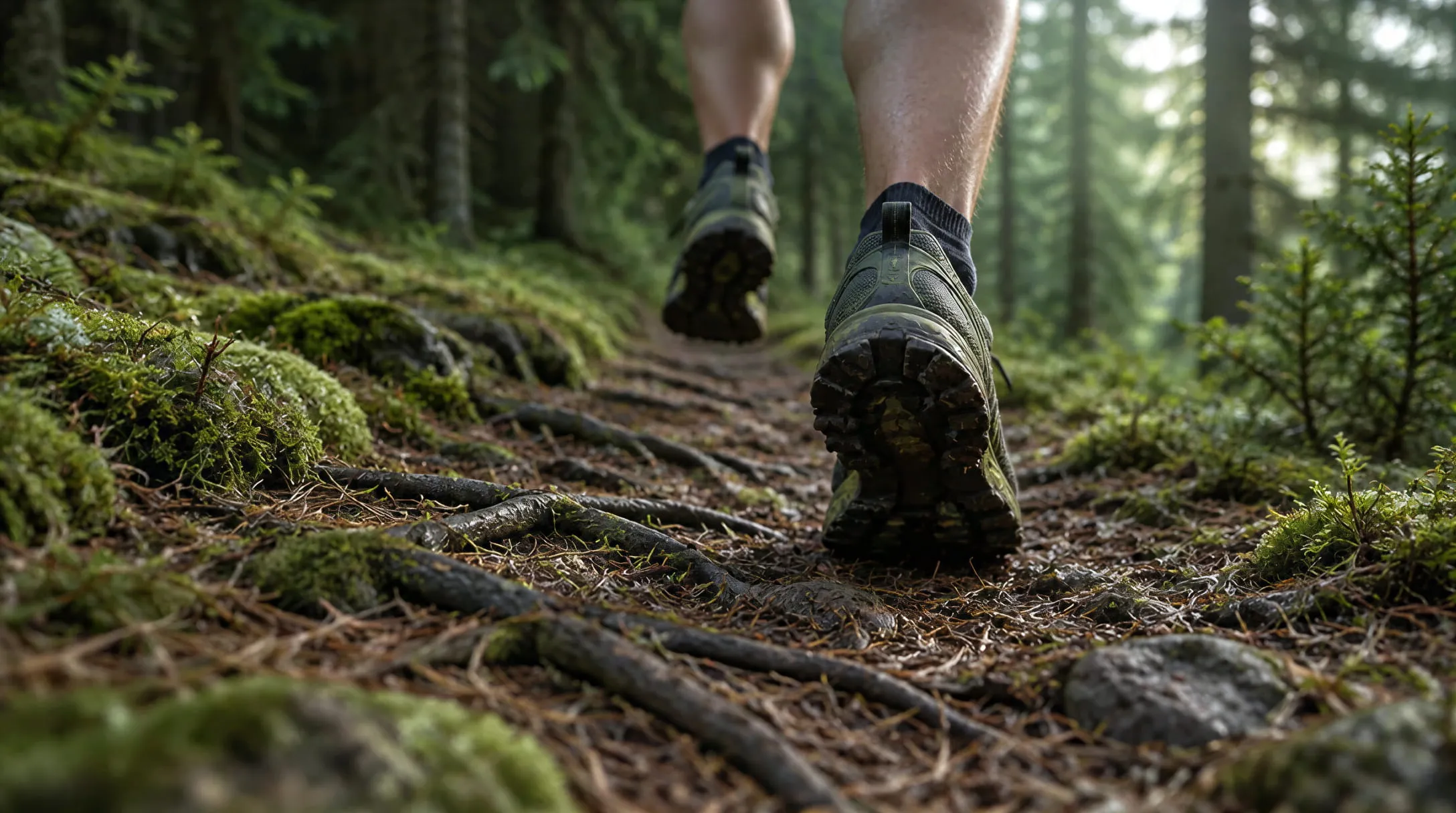 Löpare i trailskor på en skogsstig med rötter och mossa