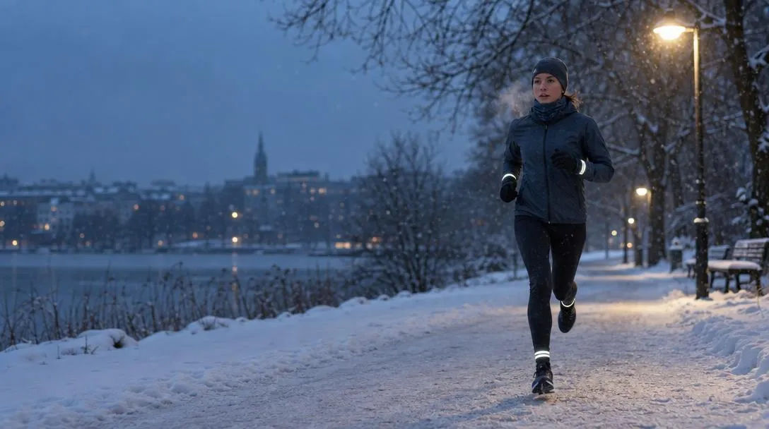 Löpare i mössa, vantar och reflexband springer på en snöig strandpromenad i skymningen